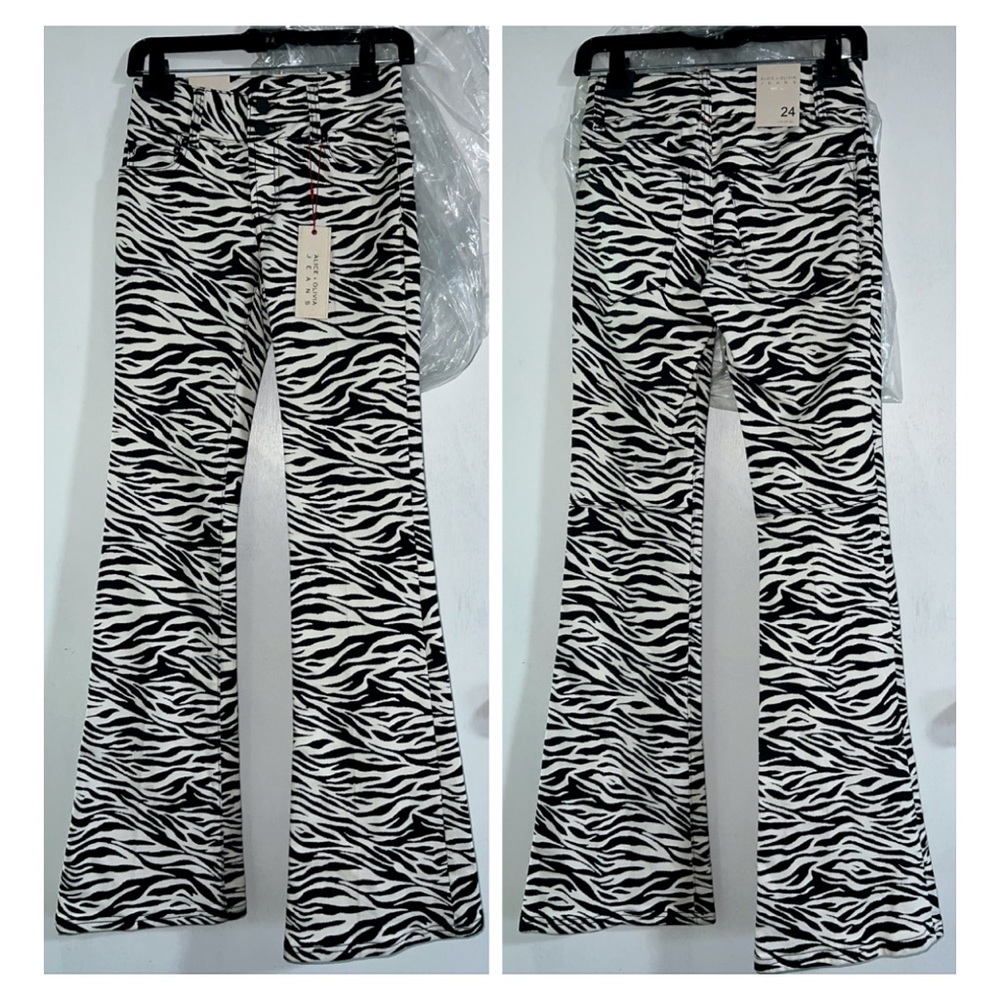 Alice + Olivia Stacey Zebra Striped Low Rise Bell Bottom Jean - Picture 7 of 17
